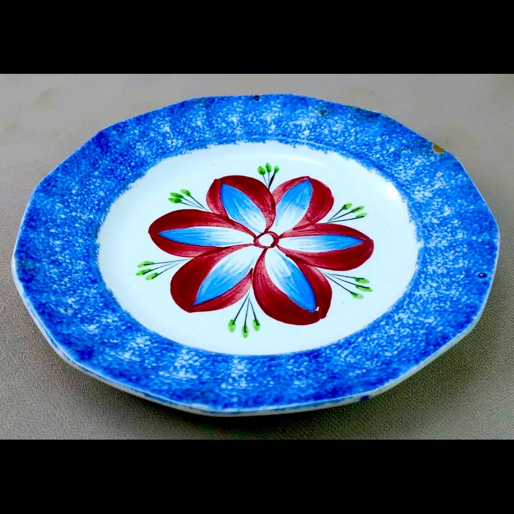 Two Large Dahlia Spatterware Plate c. 1830